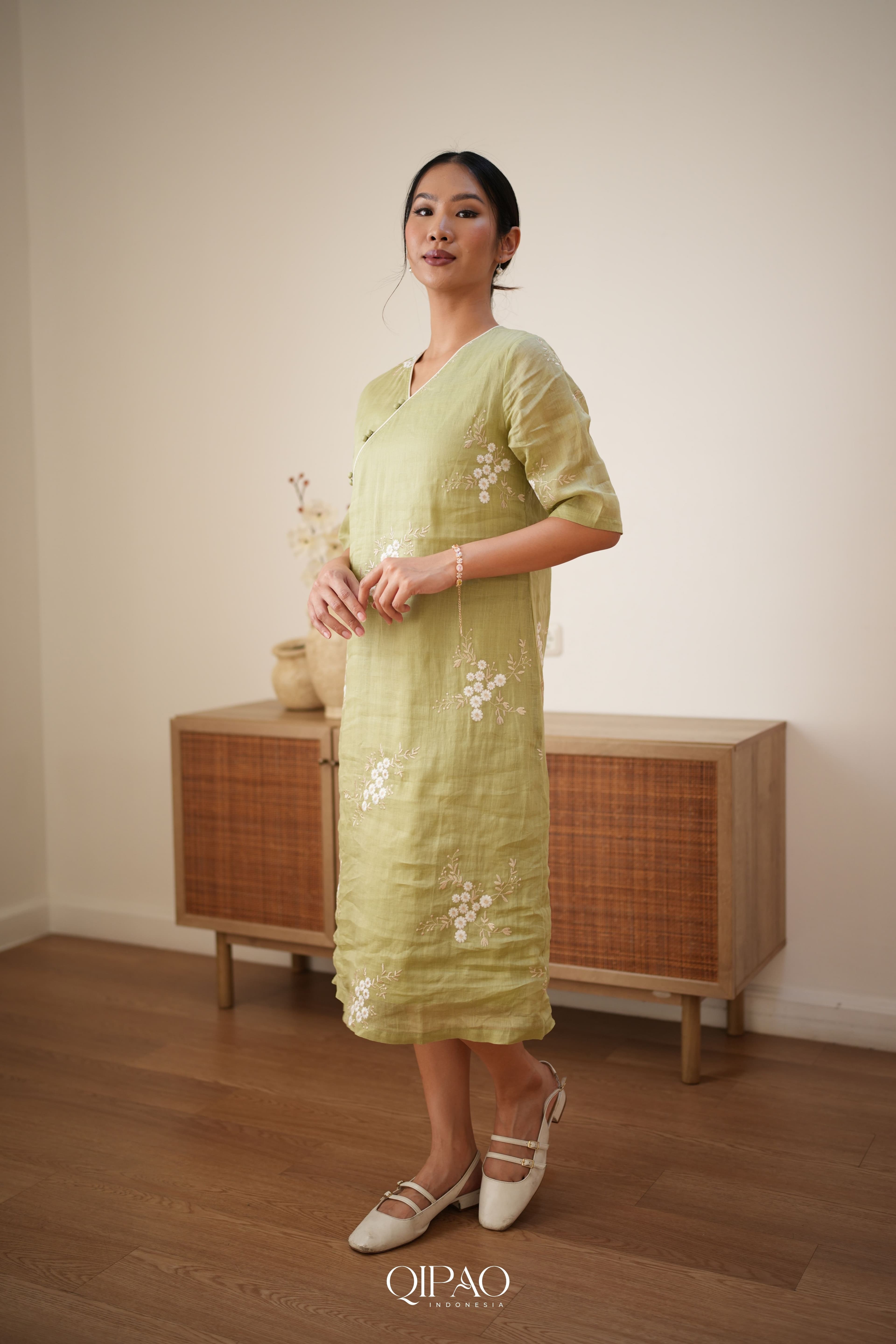Olive Blossom Qipao Midi Dress - 2