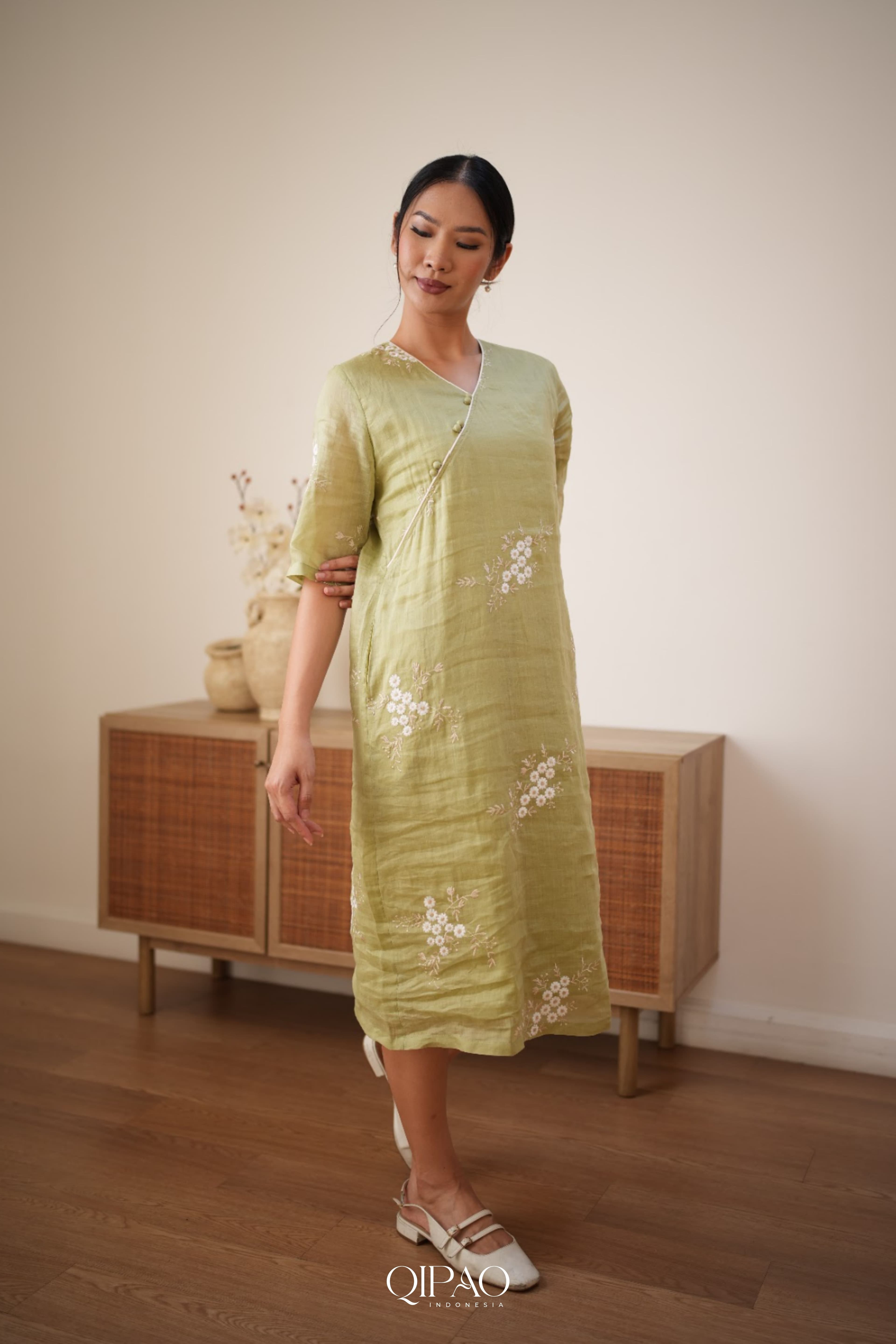 Olive Blossom Qipao Midi Dress - 3