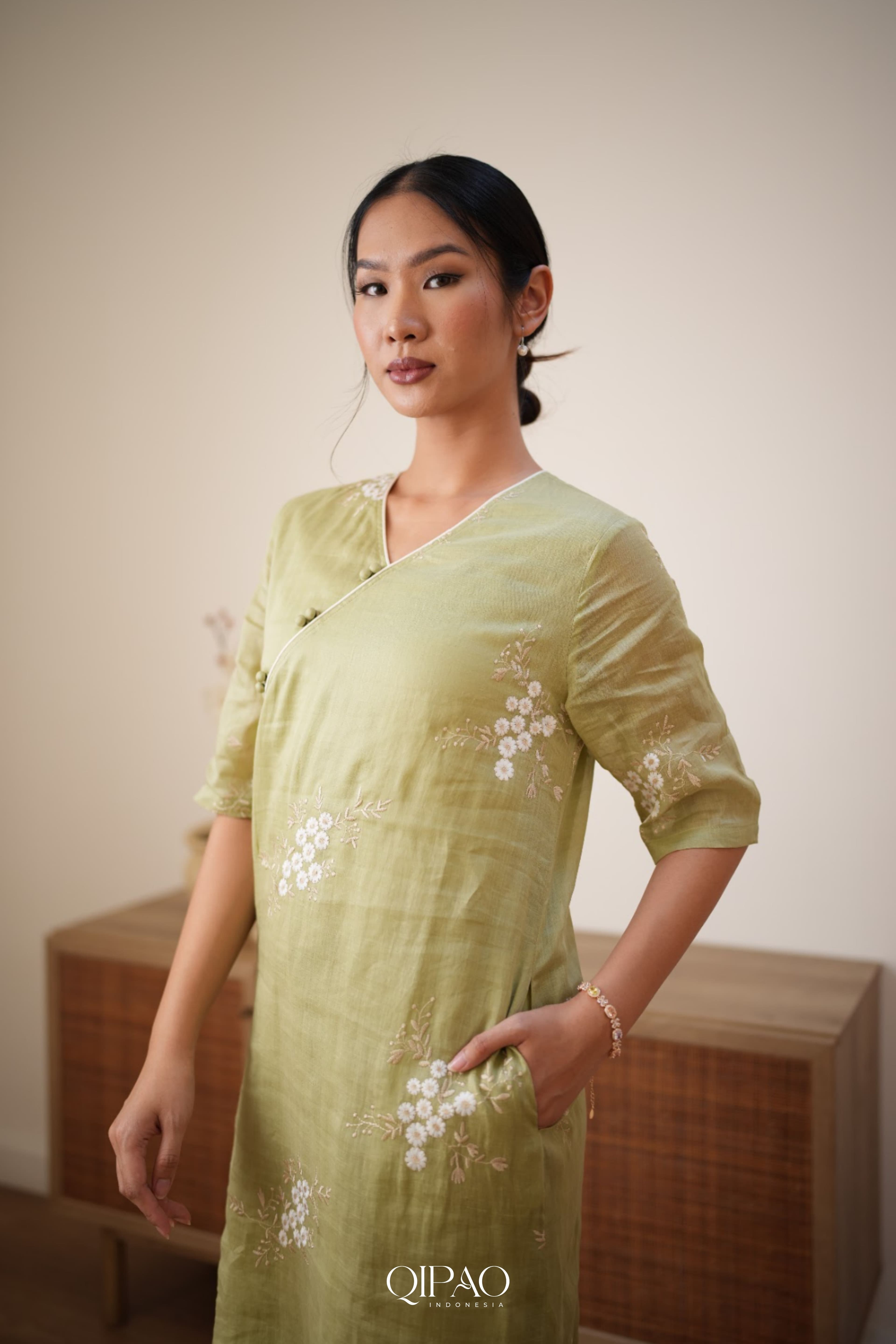 Olive Blossom Qipao Midi Dress - 4