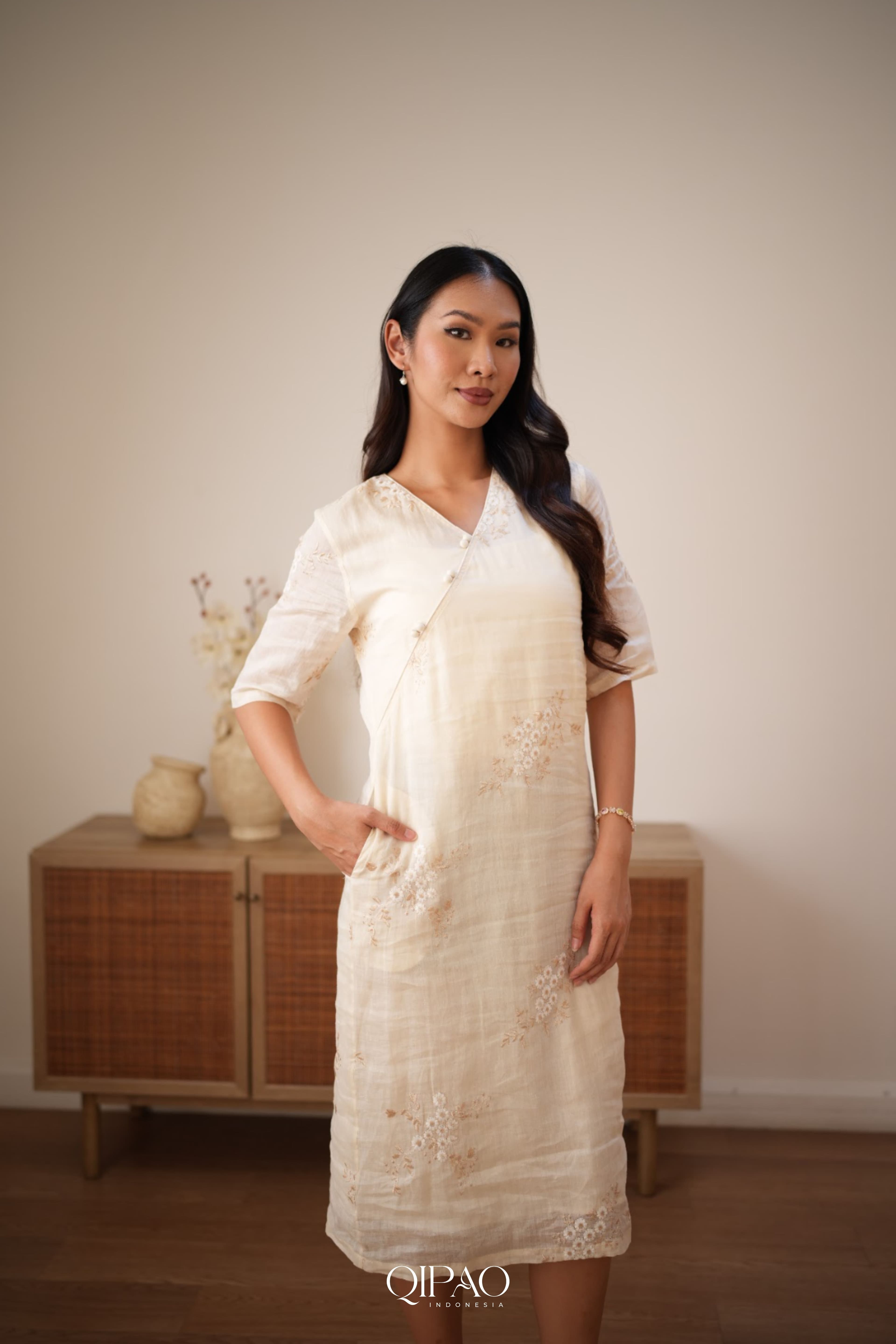Kalina Cream Qipao Dress - 1