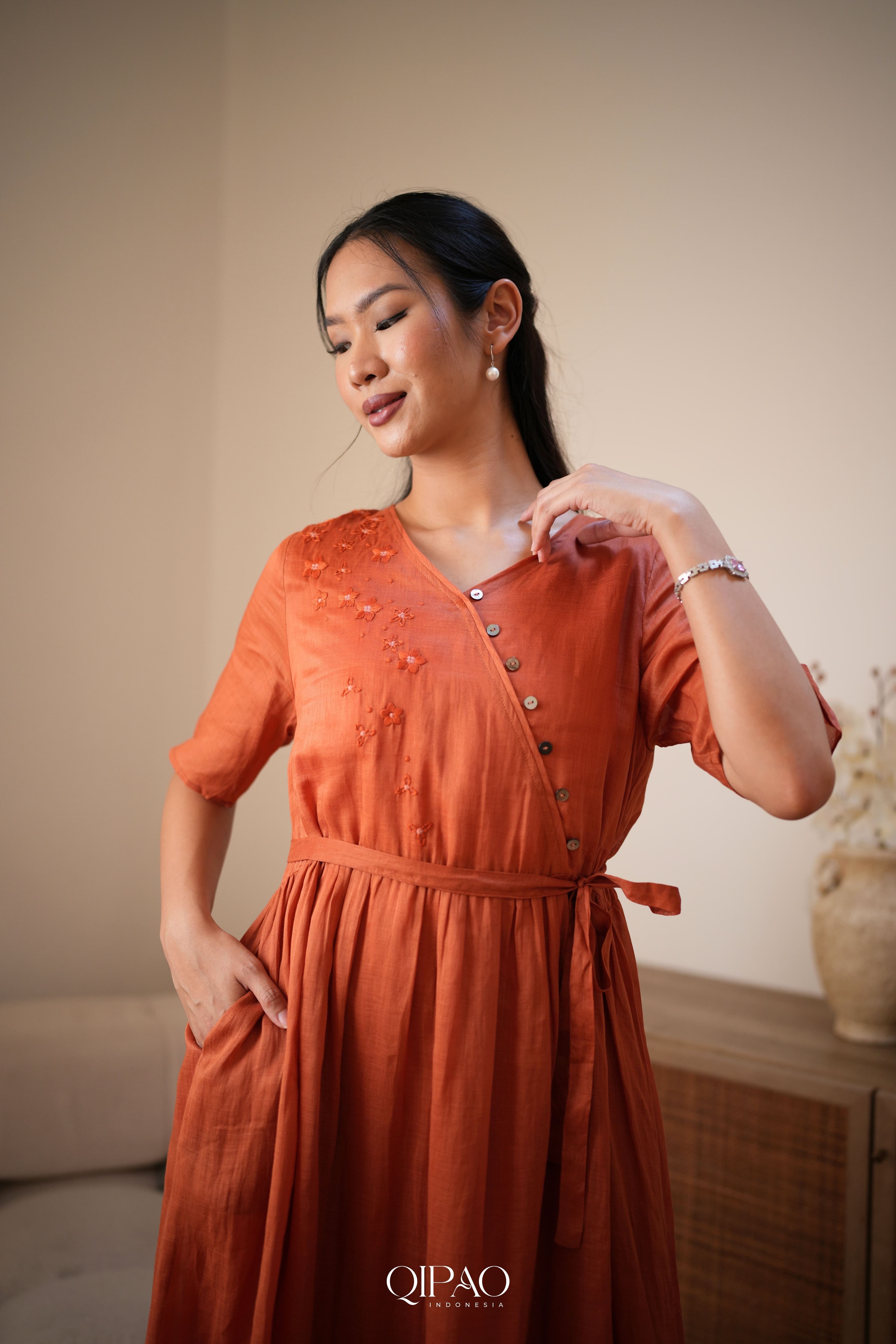 Meilin Scarlet Red Embroidered Dress - 3
