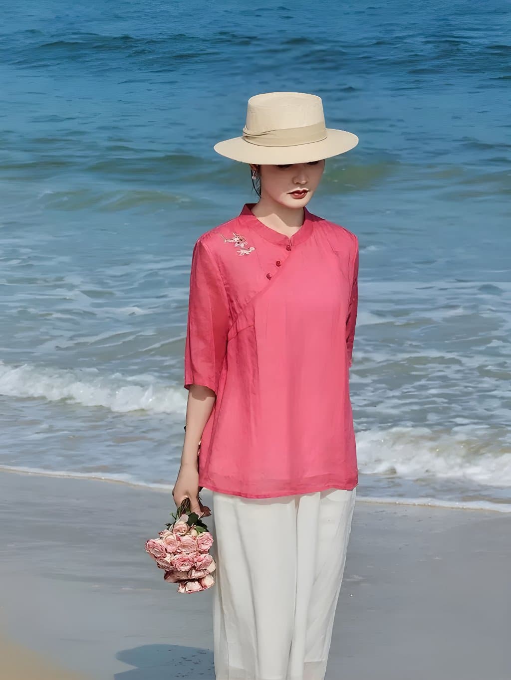 Roselyn Floral Pink Ramie Qipao Blouse - 3