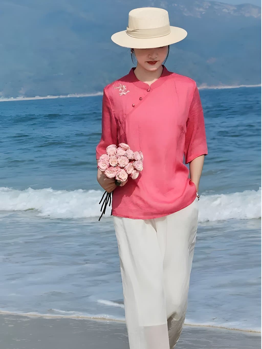 Roselyn Floral Pink Ramie Qipao Blouse - 1