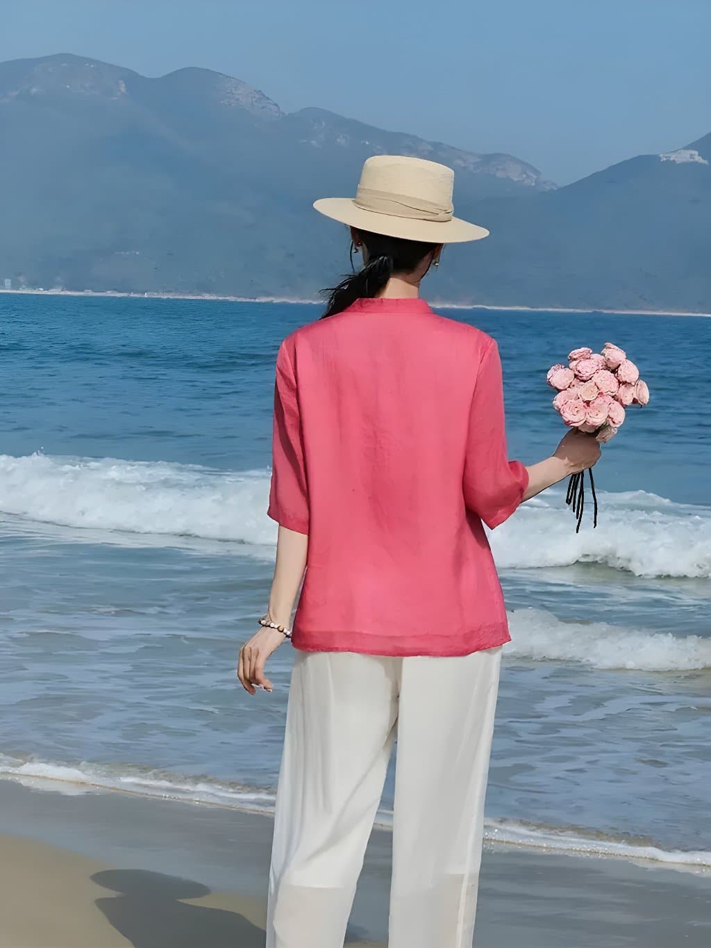 Roselyn Floral Pink Ramie Qipao Blouse - 4